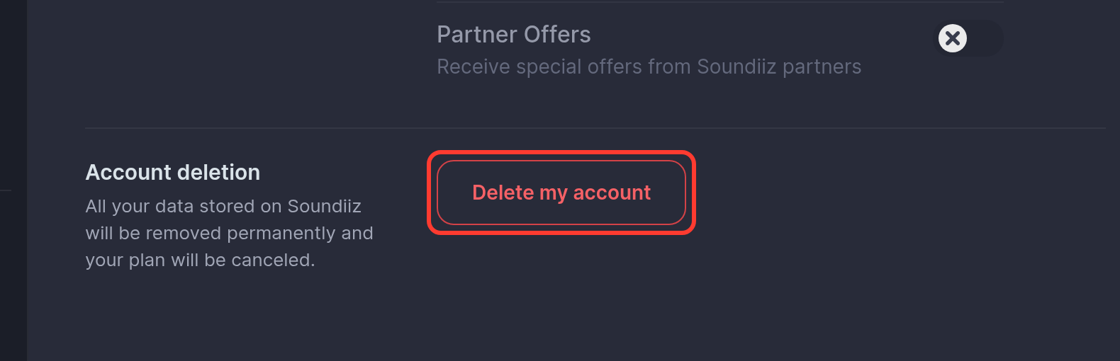 The bottom of the Account tab in the settings, with the red Delete my account button