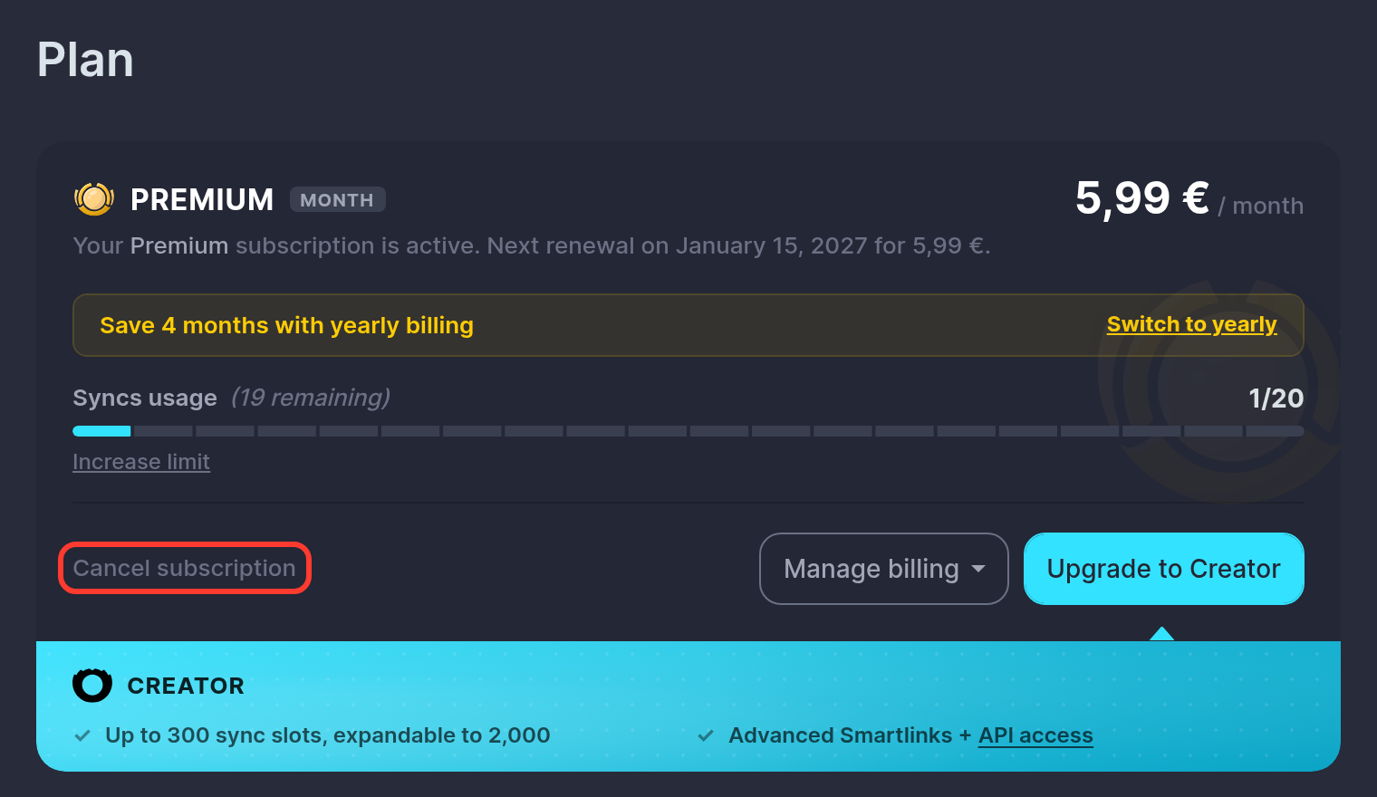 The Plan tab of the settings, with the Cancel subscription link circled in red
