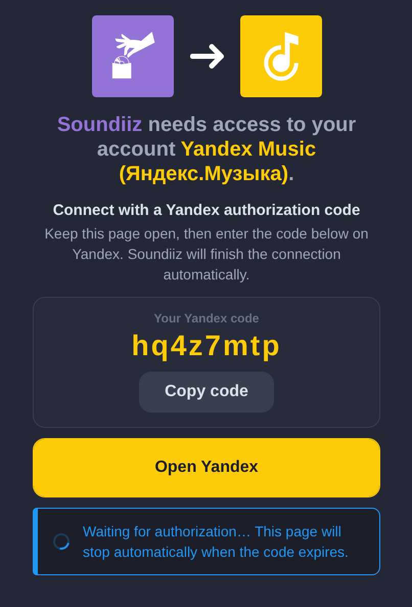 The Soundiiz connection screen showing the Yandex code, a Copy code button and an Open Yandex button