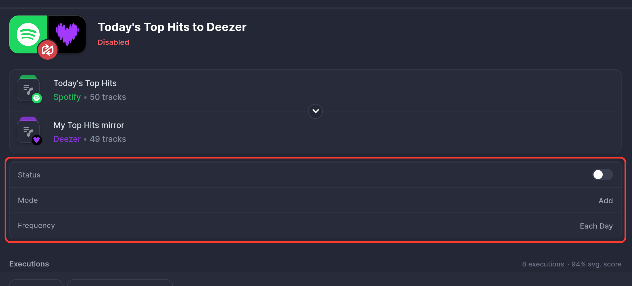 A sync marked Disabled, with its Status switch turned off