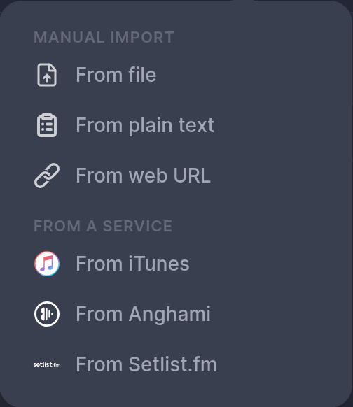 The Soundiiz import menu listing From file, From plain text, From web URL, and the entries for iTunes, Anghami and Setlist.fm