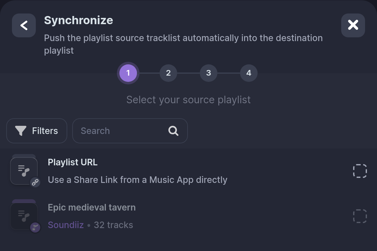 The source step of a synchronization, with Playlist URL listed above the account playlists