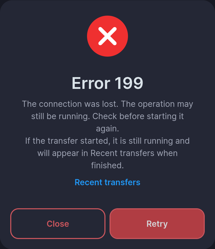 The error 199 screen, with the message saying the connection was lost and a Recent transfers button