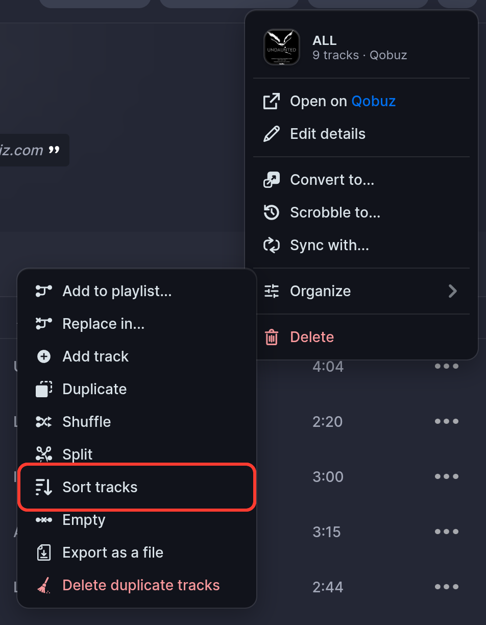 The playlist menu open, with Sort tracks highlighted inside the Organize submenu